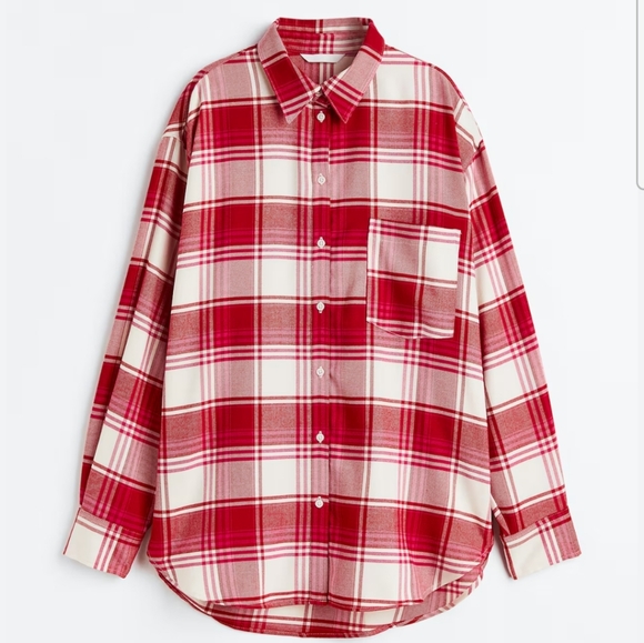H&M Tops - NEW H&M Flannel S Oversized Shirt Red/White/Pink Ai-1903